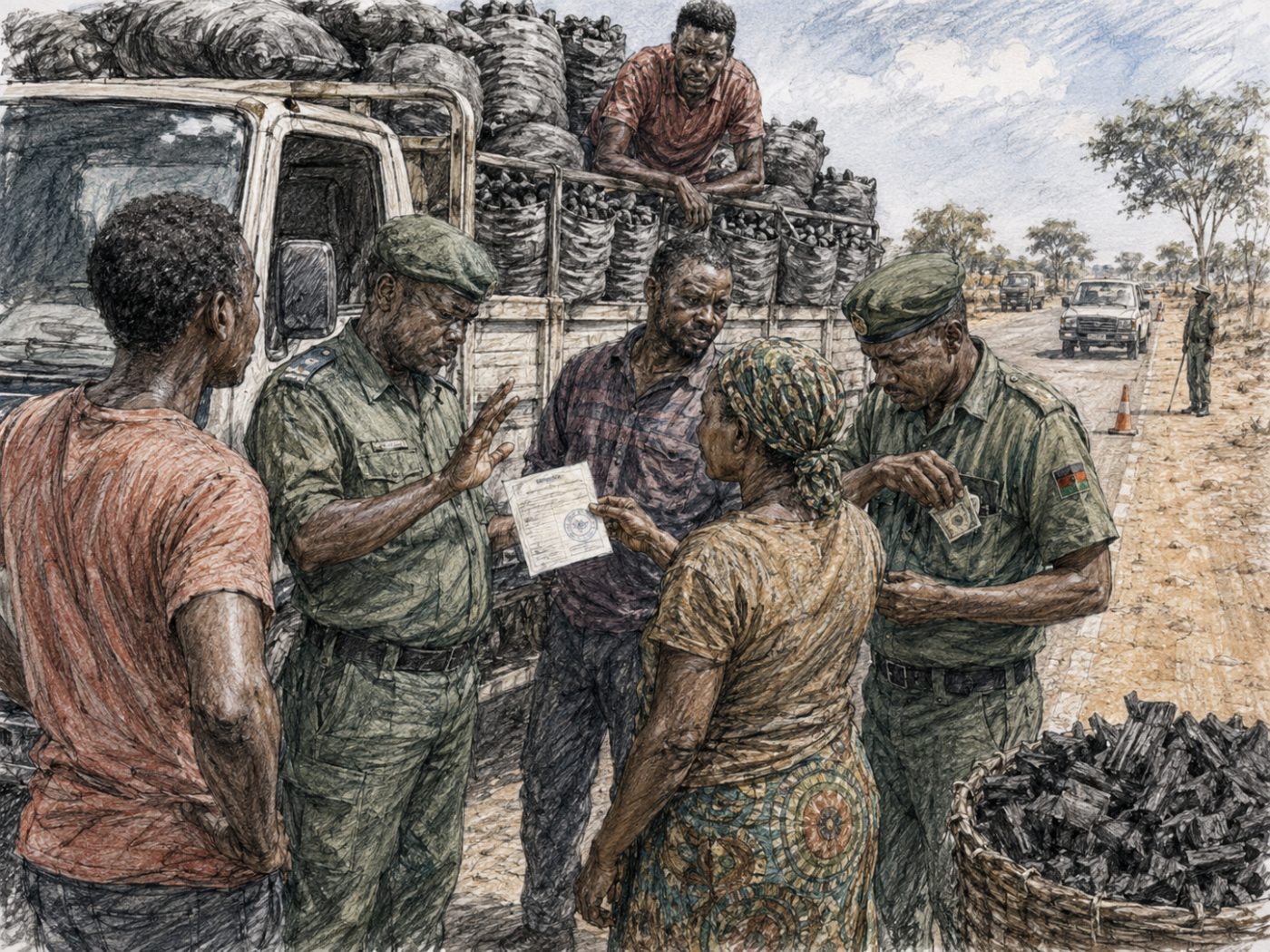 Sketch of forestry officers, charcoal traders, permits, and money at a roadside checkpoint in Zambia