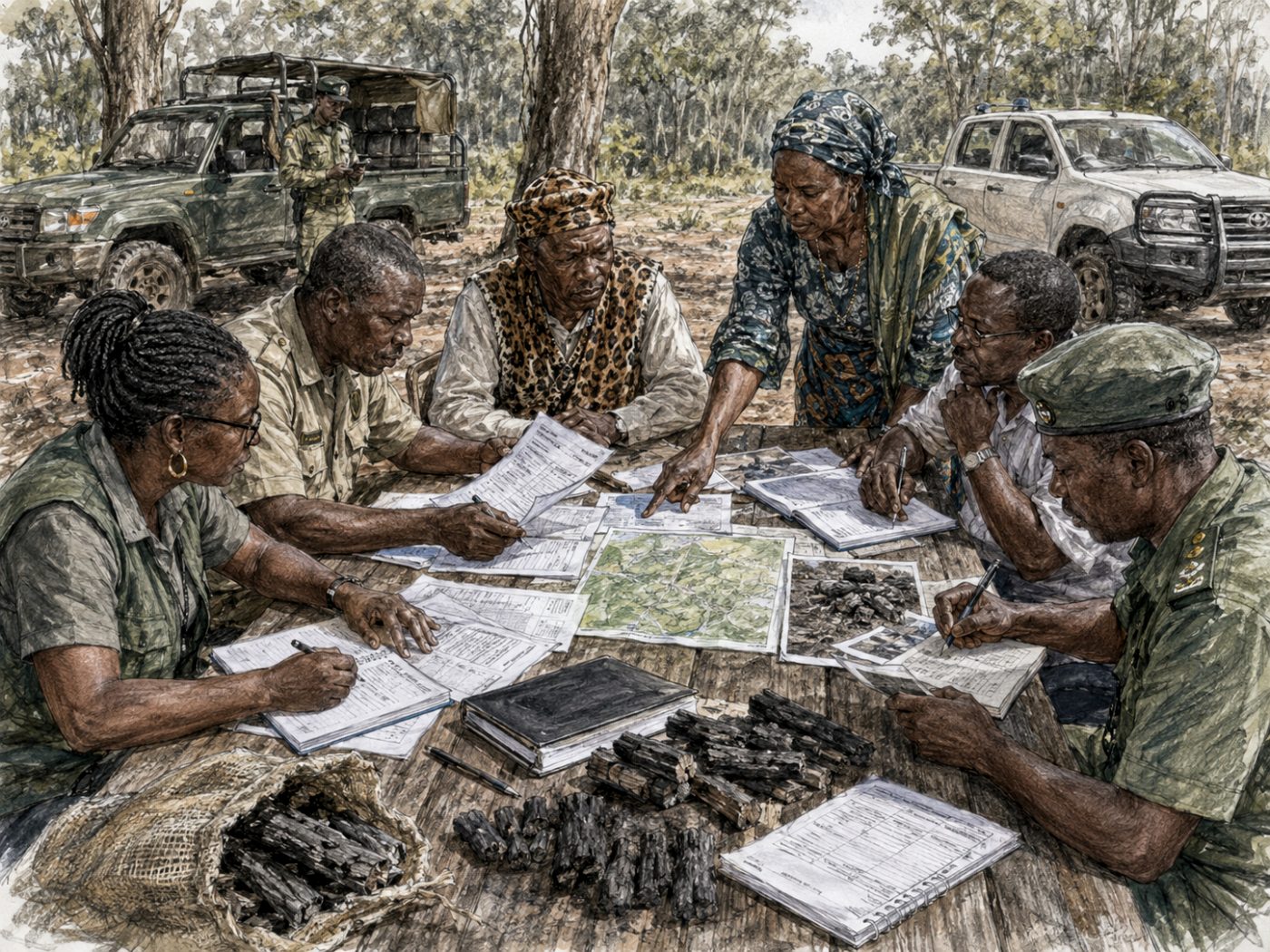 Sketch of officials and community representatives reviewing charcoal permits, maps, and evidence