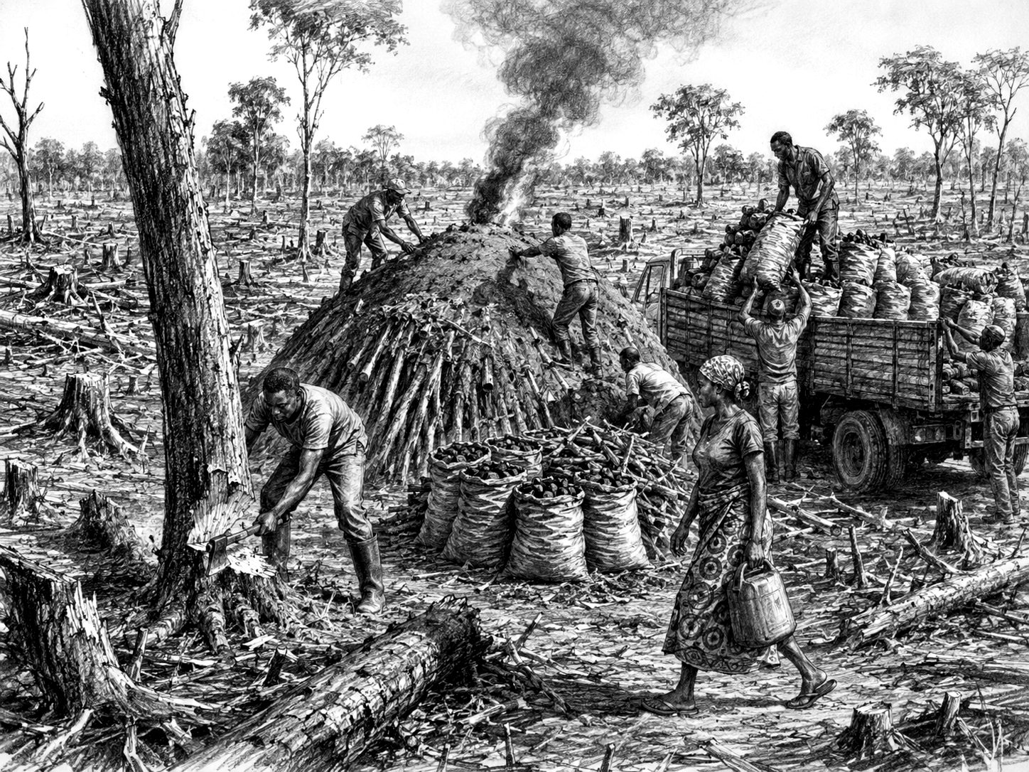 Black-and-white sketch of charcoal production, tree felling, smoke, and loading bags onto a truck